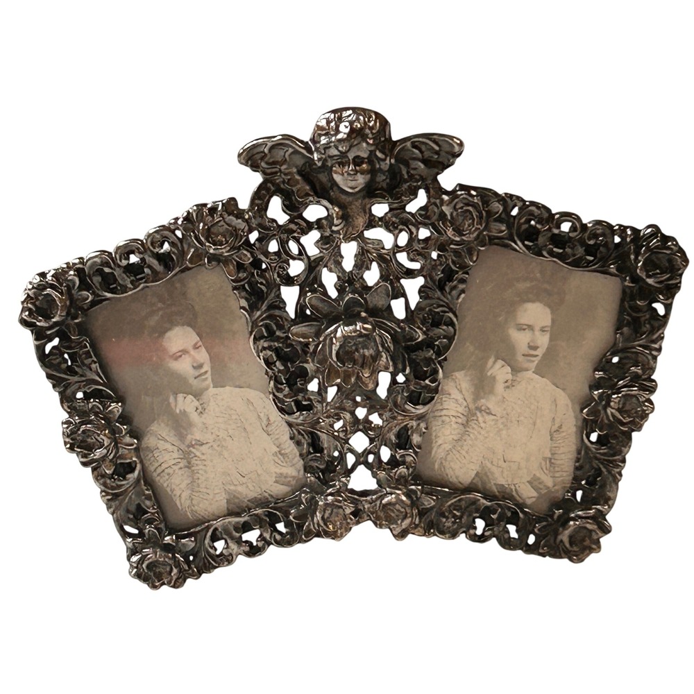 Unbranded Victorian Double Picture Frame Small Silver Cherub Ornate Rose